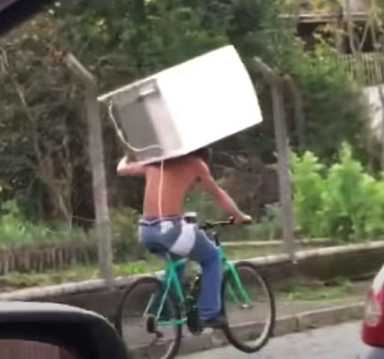 Man carrying refrigerator on bicycle, journal of wild culture, ©2020
