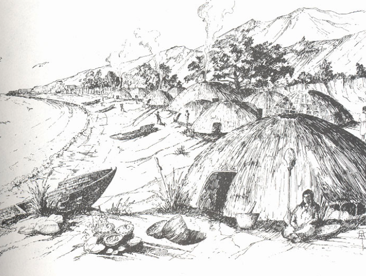 Reconstruction of Chumash village, Santa Barbara coast, 1948, journal of wild culture ©2020